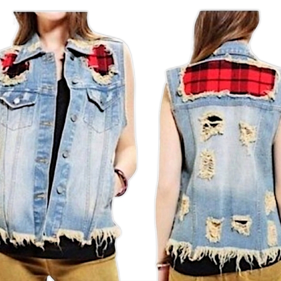 UNIF Distressed Denim and Red Flannel Vest - Picture 2 of 12